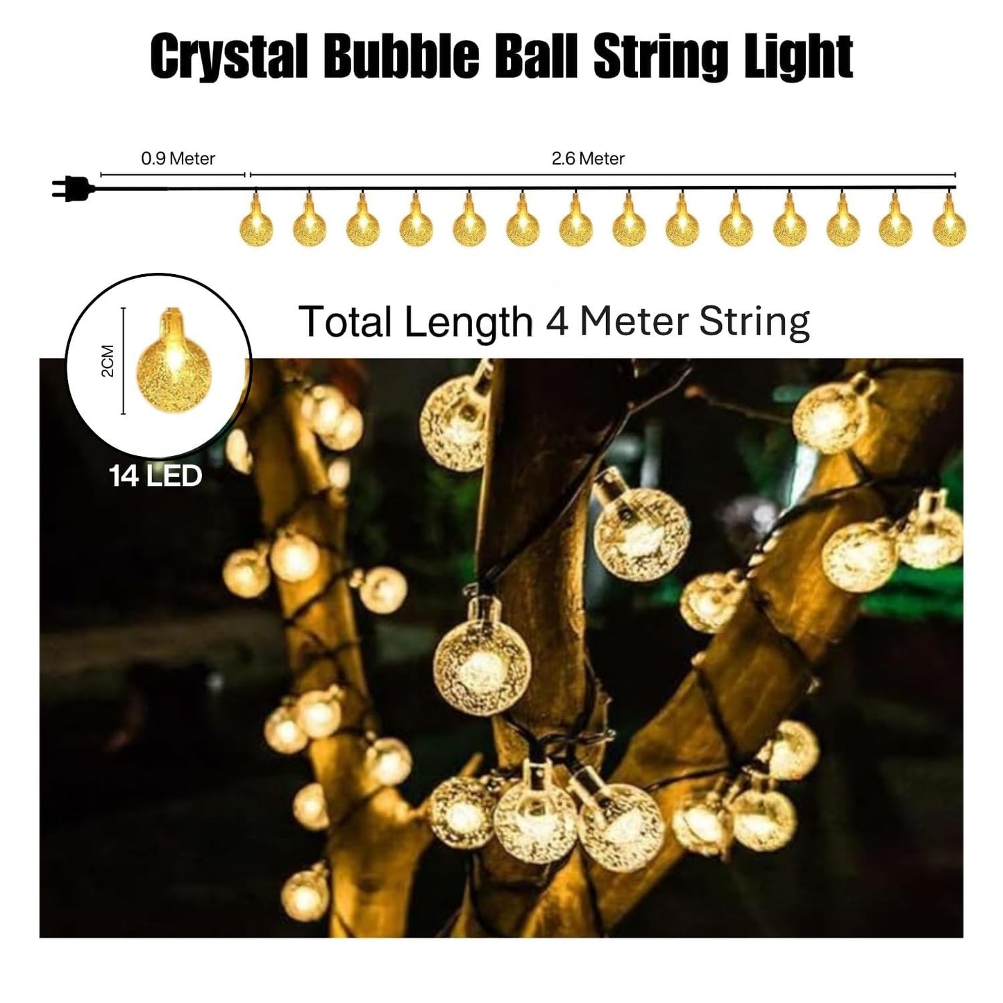 New 16 LED Crystal Balls String Light | Warm White | Decorative Fairy Light for Home, Bedroom, Garden, Diwali & Christmas (Pack of 1)