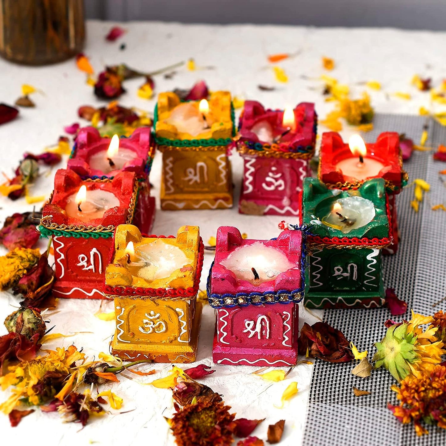 Set of 4 Clay & Terracotta Hand-Painted Puja Tulsi Diyas | Colorful Decorative Candles for Diwali, Navratri & Home Decoration (Multicolor)