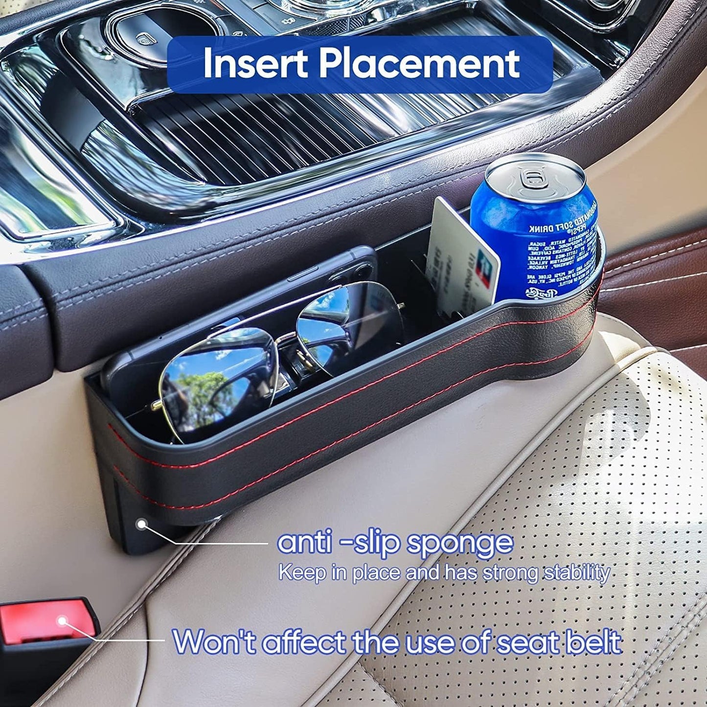 Leather Car Seat Gap Filler Organizer – Console Side Pocket with Bottle/Can Holder (Pack of 1)
