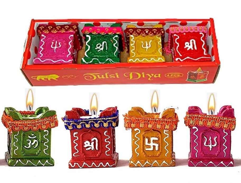 Set of 4 Clay & Terracotta Hand-Painted Puja Tulsi Diyas | Colorful Decorative Candles for Diwali, Navratri & Home Decoration (Multicolor)