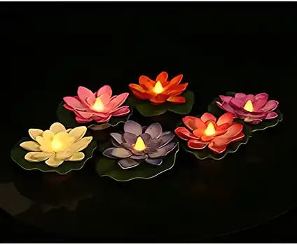 Flameless Lotus Flower LED Diyas (Pack of 6) | Water Sensor Floating Diya Lights for Diwali, Home, Temple & Festival Decoration