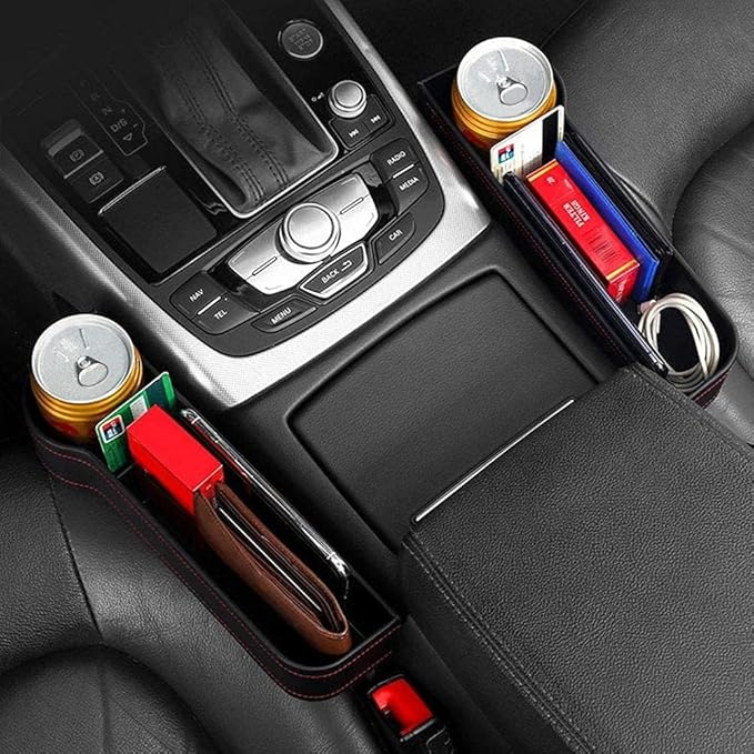 Leather Car Seat Gap Filler Organizer – Console Side Pocket with Bottle/Can Holder (Pack of 1)