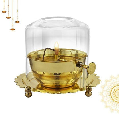 Akhand Diya Lamp with Adjustable Wick & Glass Cover | Brass Deepam Oil Lamp for Puja Room, Mandir & Home Décor (Gold, Pack of 1)