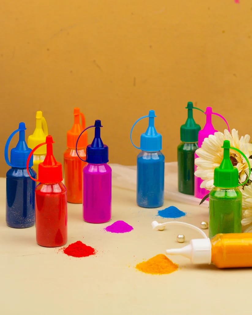 Rangoli Colour Powder Bottles – Pack of 10 (40gm Each) | Decorative Rangoli Powder for Diwali, Navratri, Pongal, Puja & Festival