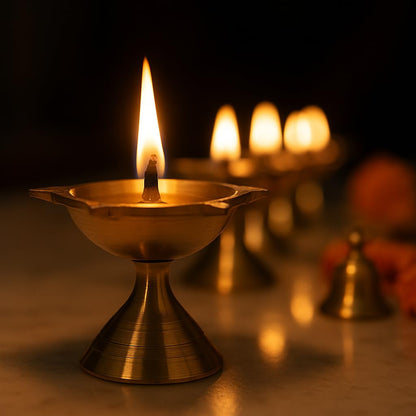 Brass Panchmukhi Diya – Traditional 5 Face Deepam (Gold, Pack of 2)