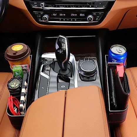 Leather Car Seat Gap Filler Organizer – Console Side Pocket with Bottle/Can Holder (Pack of 1)