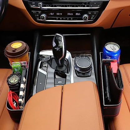 Leather Car Seat Gap Filler Organizer – Console Side Pocket with Bottle/Can Holder (Pack of 1)