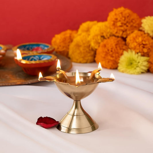 Brass Panchmukhi Diya – Traditional 5 Face Deepam (Gold, Pack of 2)
