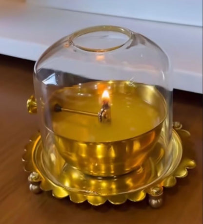 Akhand Diya Lamp with Adjustable Wick & Glass Cover | Brass Deepam Oil Lamp for Puja Room, Mandir & Home Décor (Gold, Pack of 1)