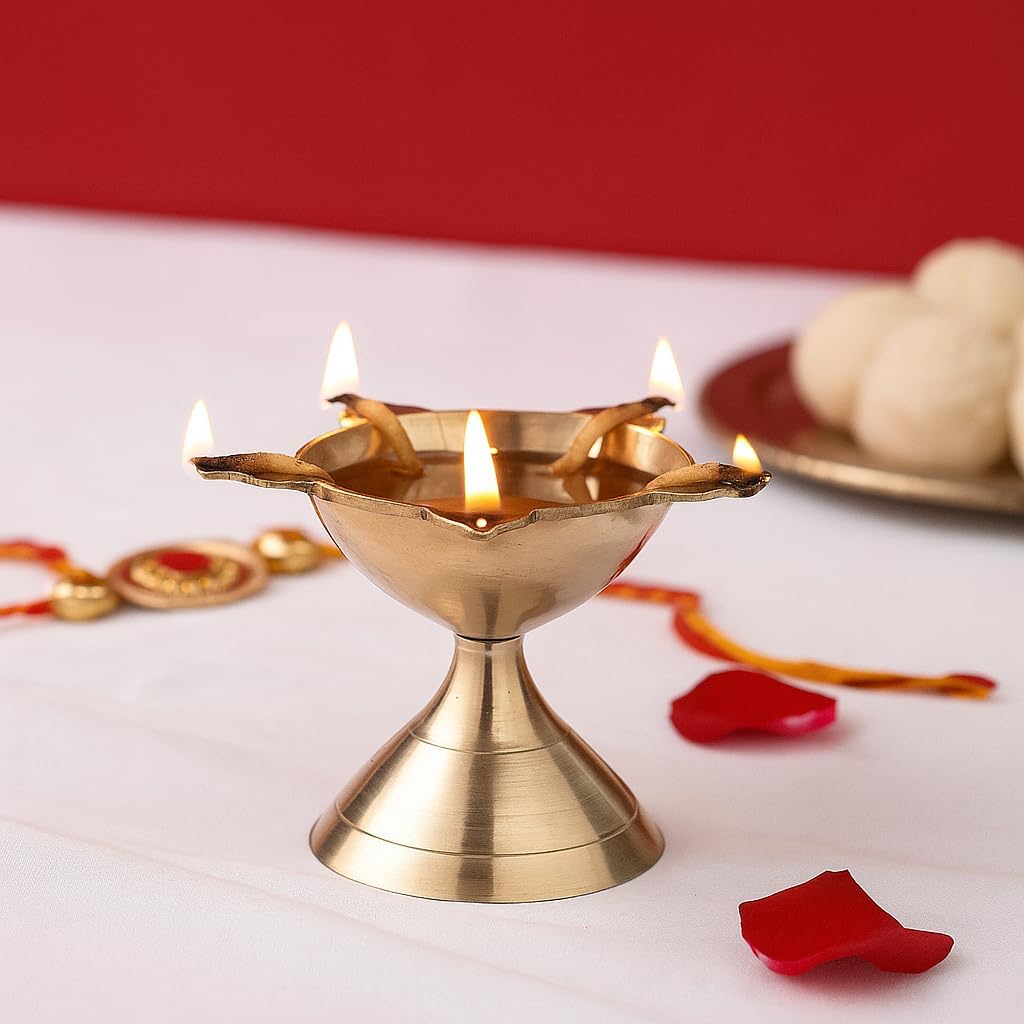 Brass Panchmukhi Diya – Traditional 5 Face Deepam (Gold, Pack of 2)