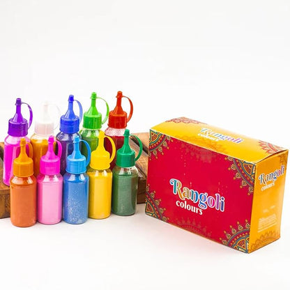Rangoli Colour Powder Bottles – Pack of 10 (40gm Each) | Decorative Rangoli Powder for Diwali, Navratri, Pongal, Puja & Festival