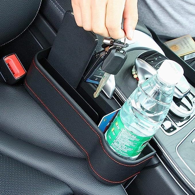 Leather Car Seat Gap Filler Organizer – Console Side Pocket with Bottle/Can Holder (Pack of 1)
