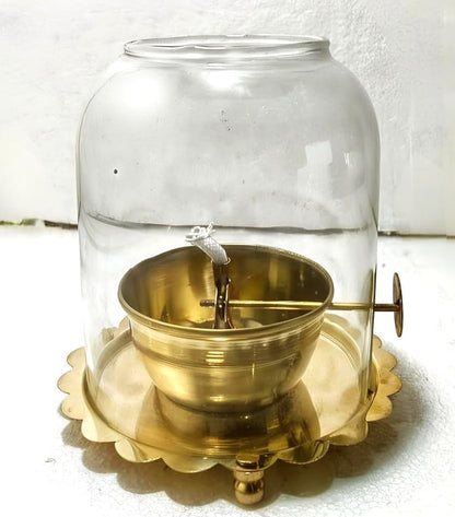 Akhand Diya Lamp with Adjustable Wick & Glass Cover | Brass Deepam Oil Lamp for Puja Room, Mandir & Home Décor (Gold, Pack of 1)