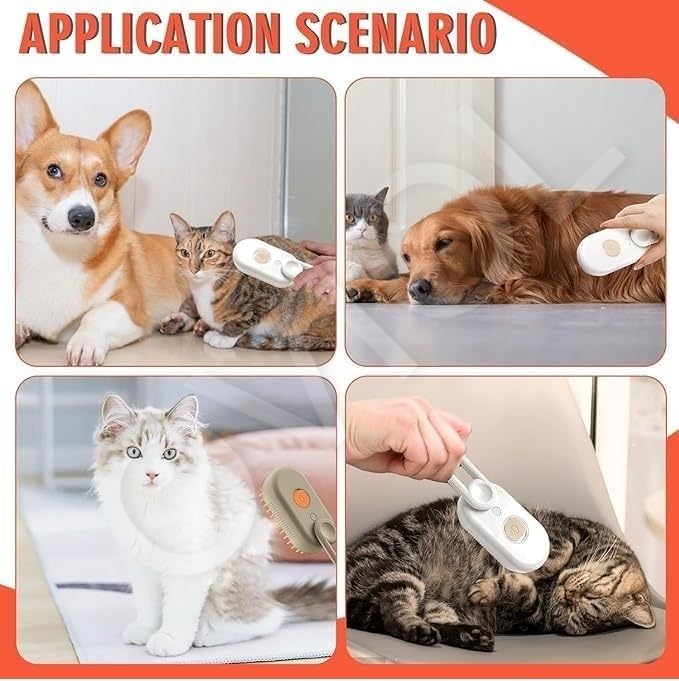 3-in-1 Steam Brush with Steamer for Pets – Grooming, Cleaning & Massaging Tool for Cats, Dogs & All Pets (White)