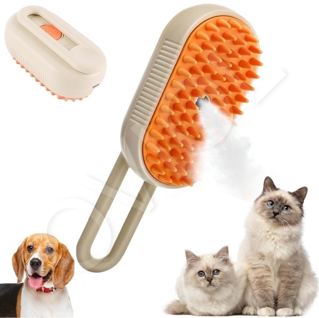 3-in-1 Steam Brush with Steamer for Pets – Grooming, Cleaning & Massaging Tool for Cats, Dogs & All Pets (White)