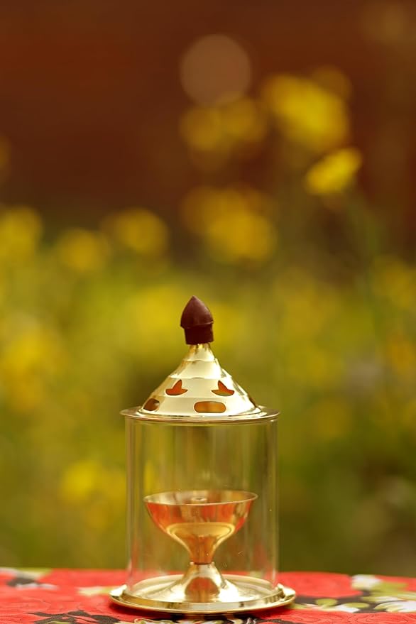 Brass & Glass Akhand Deep Diya with Cover | Traditional Oil Lamp for Puja, Festival & Home Decoration