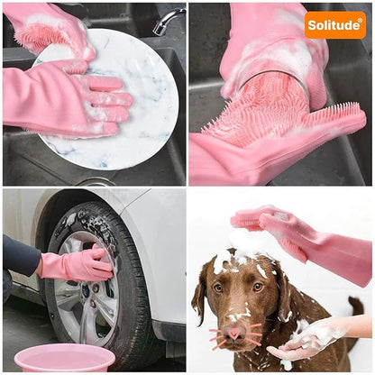 Silicone Dish Washing & Cleaning Gloves – Heat Resistant Gloves for Kitchen, Dishwashing, and Pet Grooming (Multicolor, Set of 1)