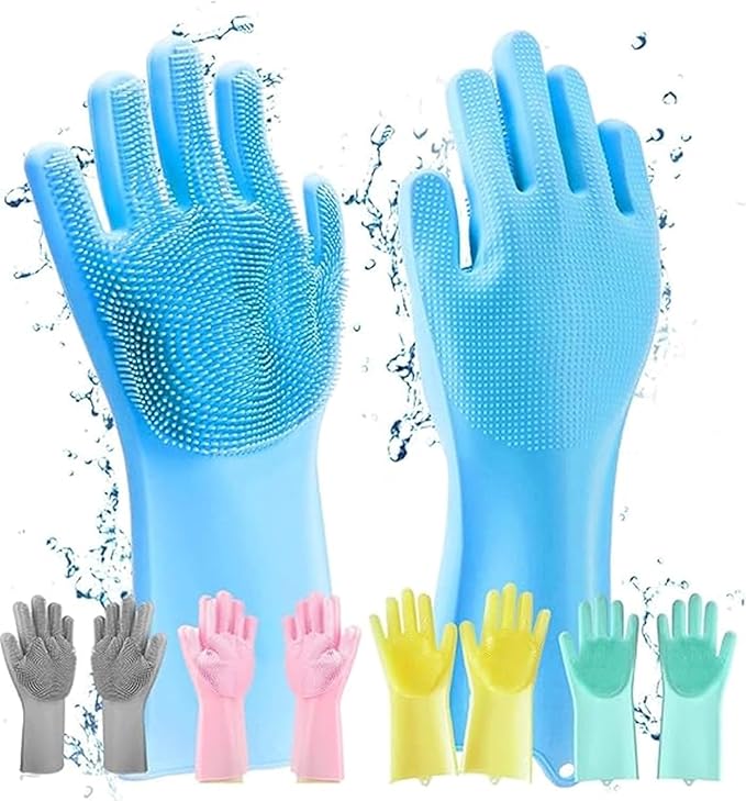 Silicone Dish Washing & Cleaning Gloves – Heat Resistant Gloves for Kitchen, Dishwashing, and Pet Grooming (Multicolor, Set of 1)