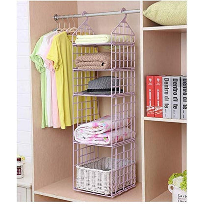 5 Layer Folding Clothes Storage Rack – Hanging Wardrobe Organizer for Students, Dormitory & Home | Foldable Plastic Closet Shelves (White)
