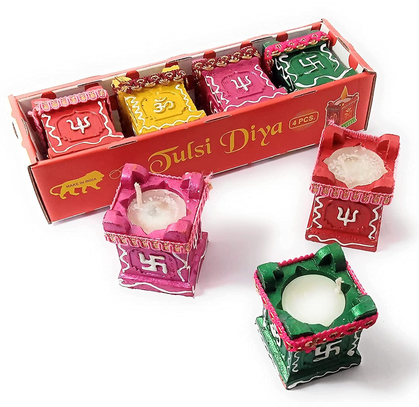 Set of 4 Clay & Terracotta Hand-Painted Puja Tulsi Diyas | Colorful Decorative Candles for Diwali, Navratri & Home Decoration (Multicolor)