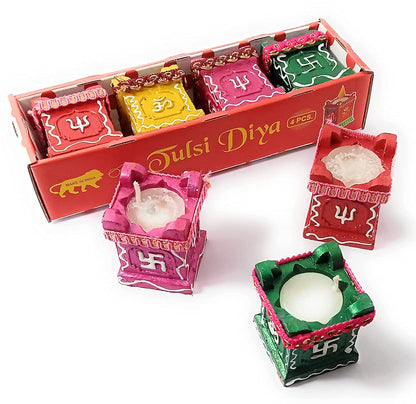 Set of 4 Clay & Terracotta Hand-Painted Puja Tulsi Diyas | Colorful Decorative Candles for Diwali, Navratri & Home Decoration (Multicolor)