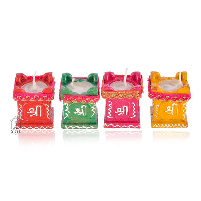 Set of 4 Clay & Terracotta Hand-Painted Puja Tulsi Diyas | Colorful Decorative Candles for Diwali, Navratri & Home Decoration (Multicolor)