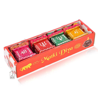 Set of 4 Clay & Terracotta Hand-Painted Puja Tulsi Diyas | Colorful Decorative Candles for Diwali, Navratri & Home Decoration (Multicolor)