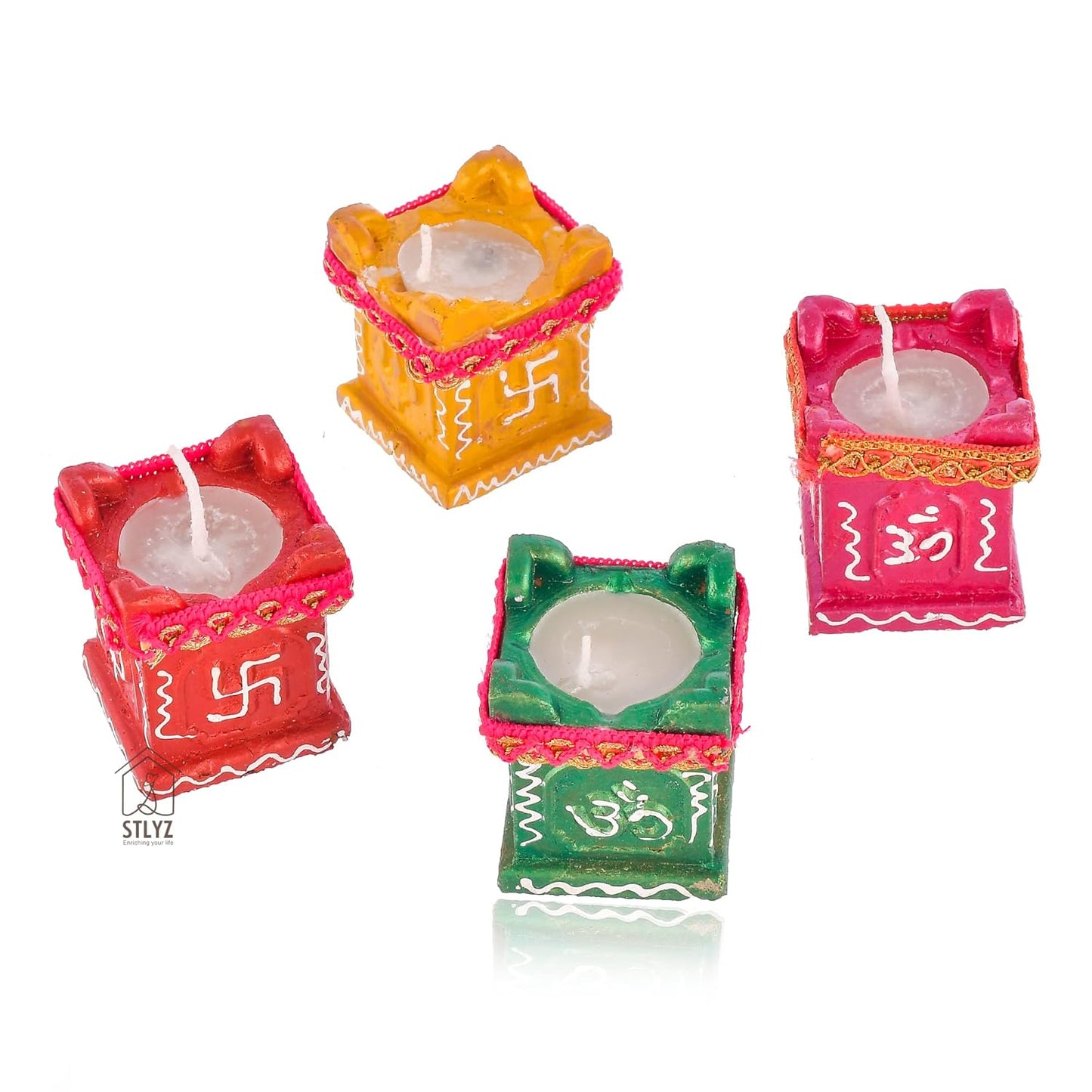 Set of 4 Clay & Terracotta Hand-Painted Puja Tulsi Diyas | Colorful Decorative Candles for Diwali, Navratri & Home Decoration (Multicolor)
