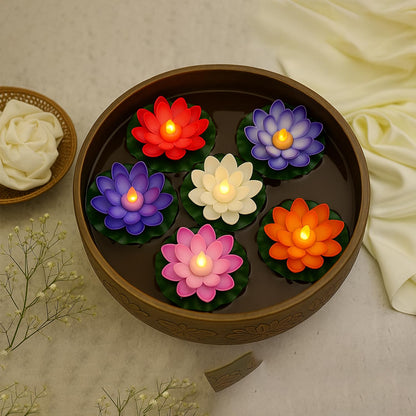 Flameless Lotus Flower LED Diyas (Pack of 6) | Water Sensor Floating Diya Lights for Diwali, Home, Temple & Festival Decoration