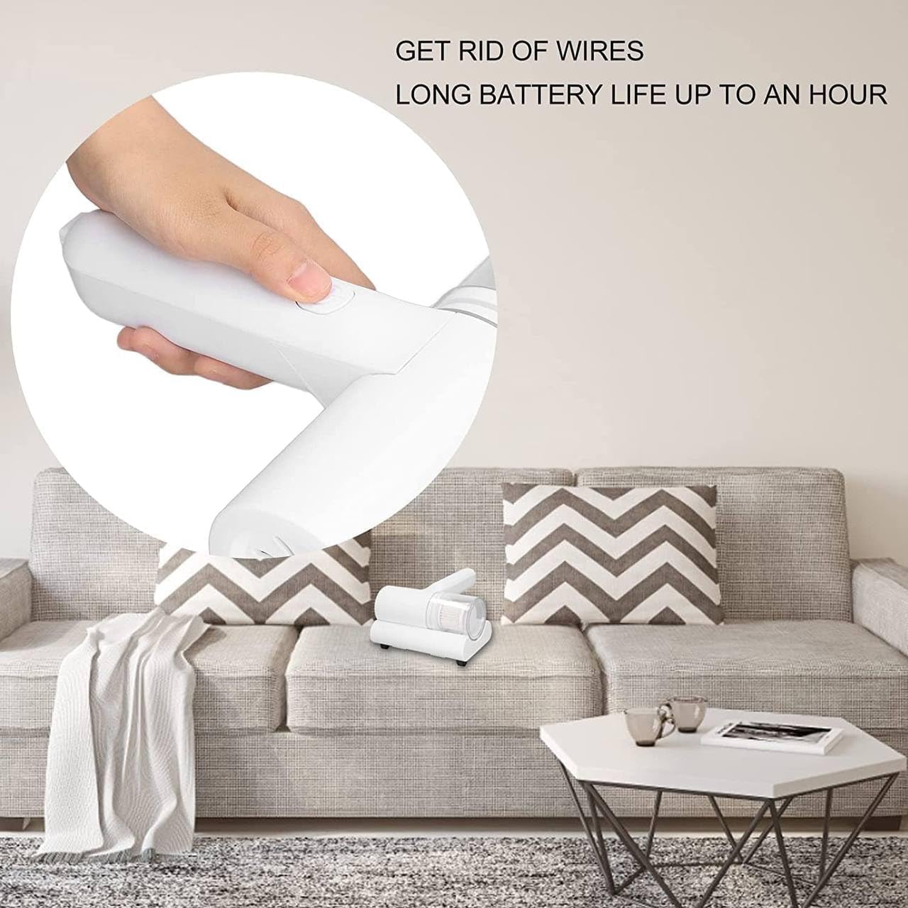 Portable Handheld Dust & Mite Remover – Wireless Rechargeable Vacuum Cleaner with Dust Suction Brush