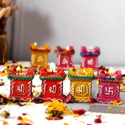 Set of 4 Clay & Terracotta Hand-Painted Puja Tulsi Diyas | Colorful Decorative Candles for Diwali, Navratri & Home Decoration (Multicolor)