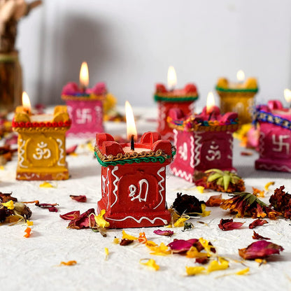 Set of 4 Clay & Terracotta Hand-Painted Puja Tulsi Diyas | Colorful Decorative Candles for Diwali, Navratri & Home Decoration (Multicolor)