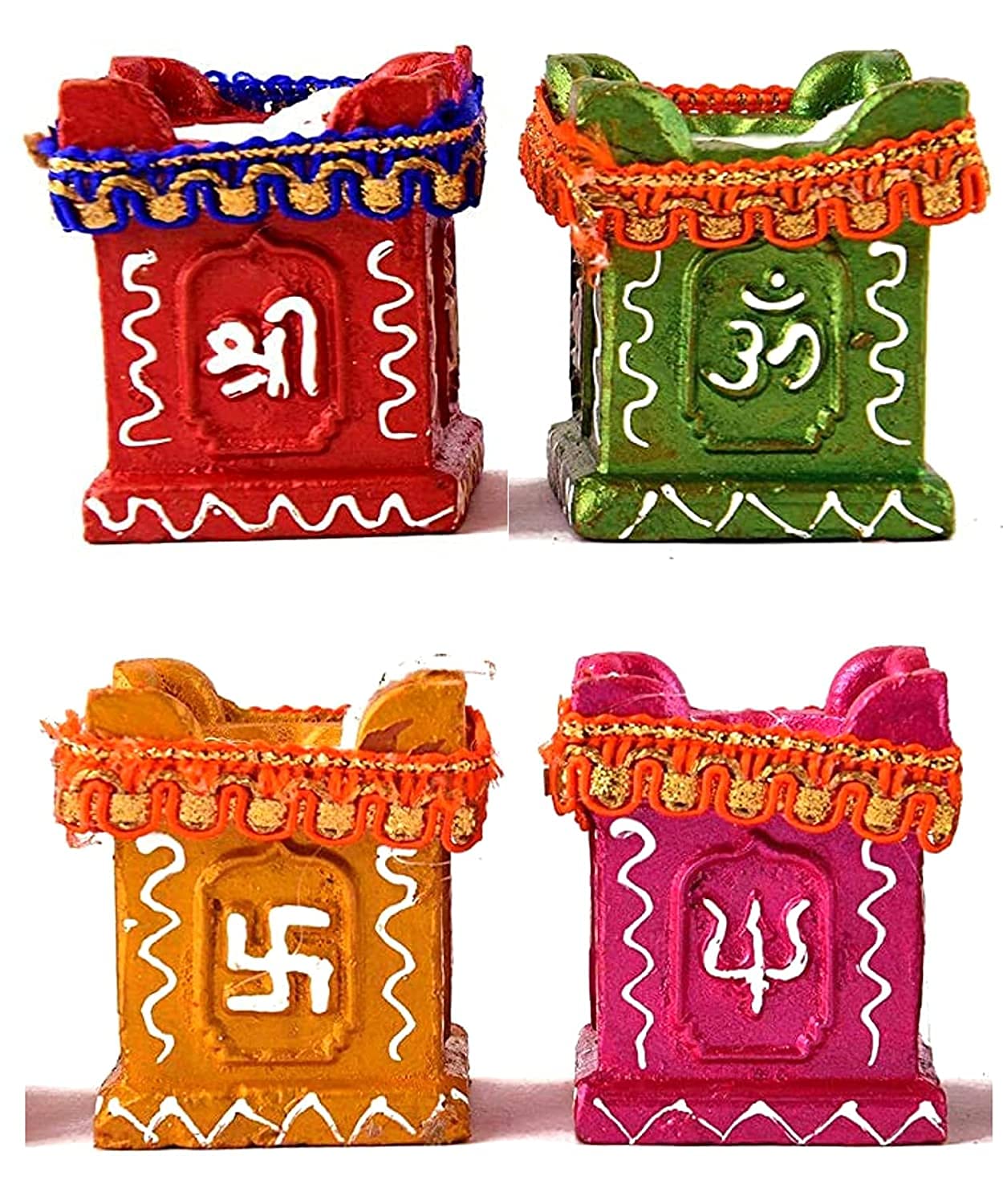 Set of 4 Clay & Terracotta Hand-Painted Puja Tulsi Diyas | Colorful Decorative Candles for Diwali, Navratri & Home Decoration (Multicolor)