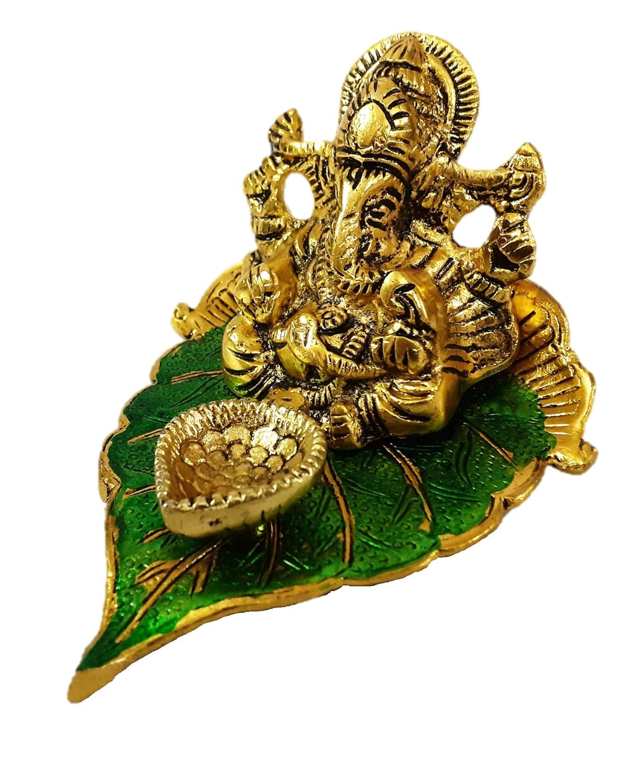 God Ganeshji Diya Set (Brass & Green) | Traditional Decorative Diya for Puja, Home Temple & Diwali Decoration