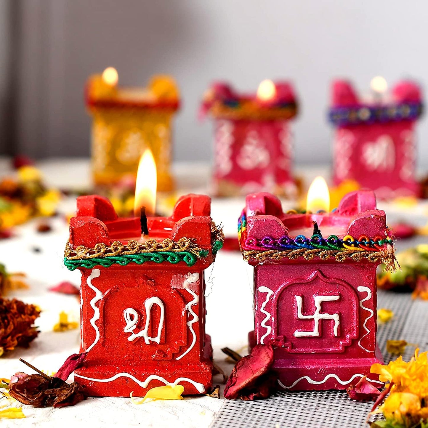 Set of 4 Clay & Terracotta Hand-Painted Puja Tulsi Diyas | Colorful Decorative Candles for Diwali, Navratri & Home Decoration (Multicolor)