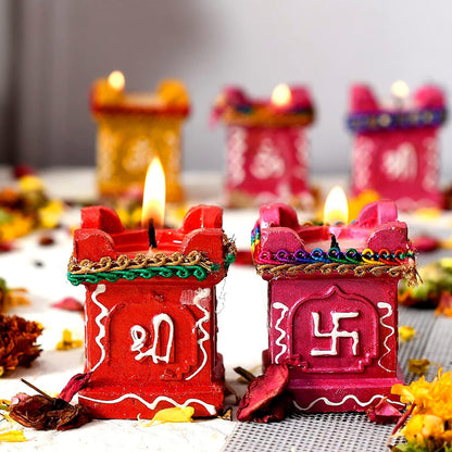 Set of 4 Clay & Terracotta Hand-Painted Puja Tulsi Diyas | Colorful Decorative Candles for Diwali, Navratri & Home Decoration (Multicolor)