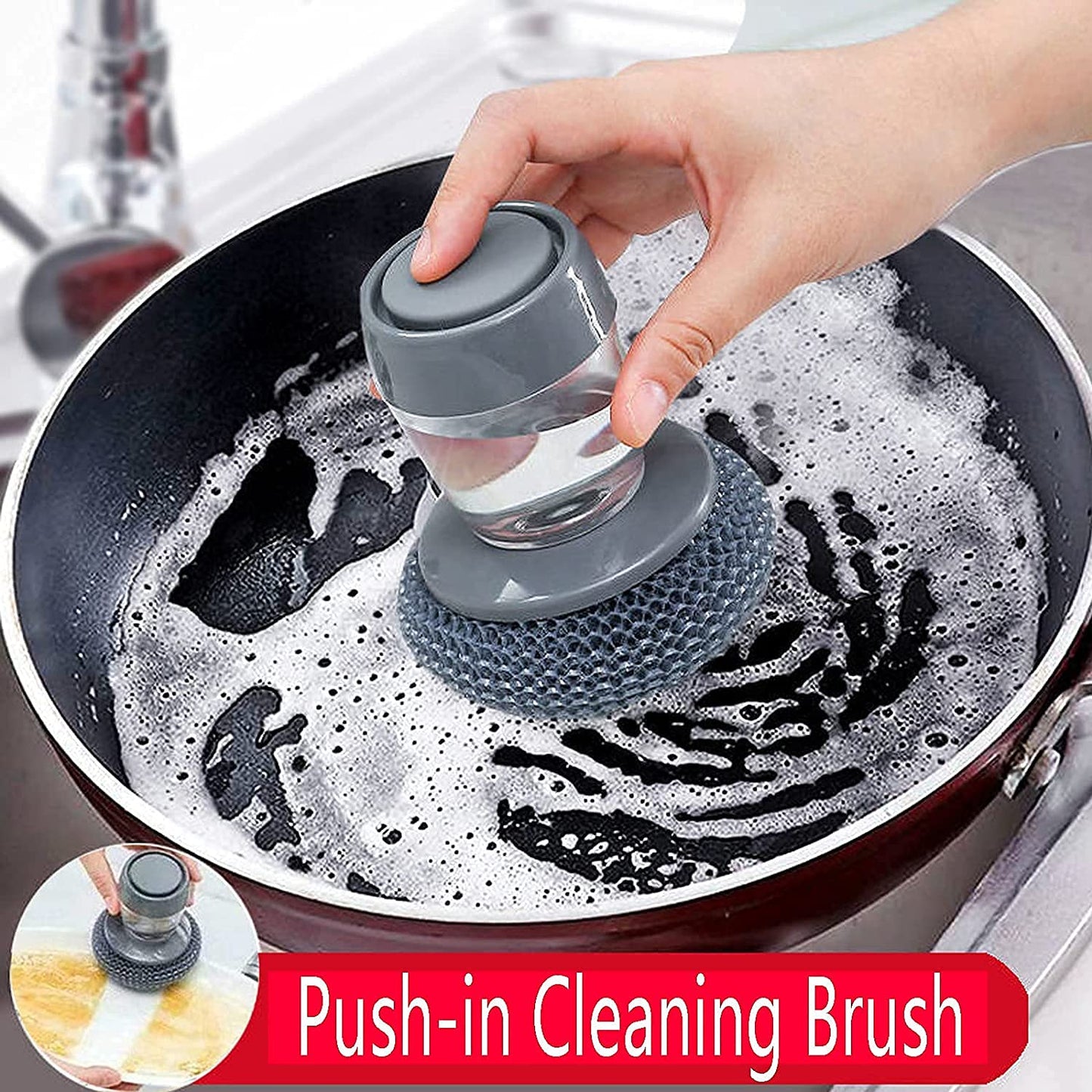 Soap Dispensing Dish Brush – Pressing Cleaning Brush with Built-in Liquid Storage for Dishes, Pots, and Kitchen Cleaning