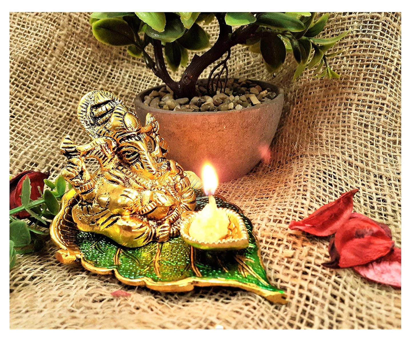 God Ganeshji Diya Set (Brass & Green) | Traditional Decorative Diya for Puja, Home Temple & Diwali Decoration