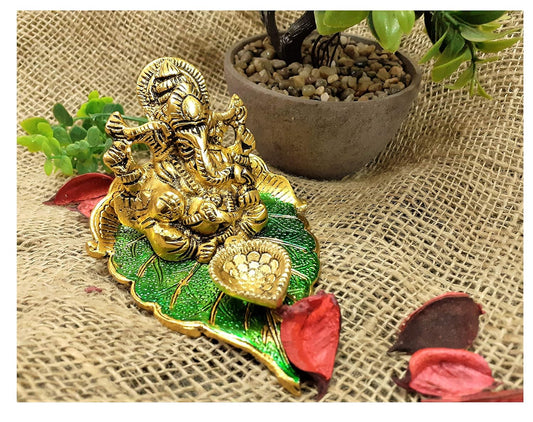 God Ganeshji Diya Set (Brass & Green) | Traditional Decorative Diya for Puja, Home Temple & Diwali Decoration
