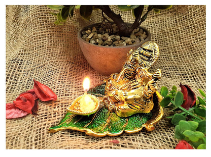 God Ganeshji Diya Set (Brass & Green) | Traditional Decorative Diya for Puja, Home Temple & Diwali Decoration