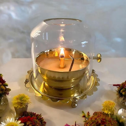 Akhand Diya Lamp with Adjustable Wick & Glass Cover | Brass Deepam Oil Lamp for Puja Room, Mandir & Home Décor (Gold, Pack of 1)
