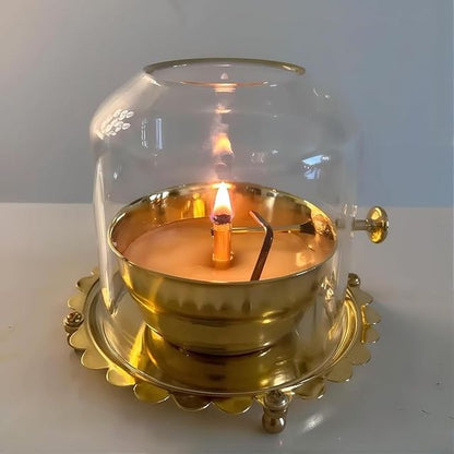 Akhand Diya Lamp with Adjustable Wick & Glass Cover | Brass Deepam Oil Lamp for Puja Room, Mandir & Home Décor (Gold, Pack of 1)