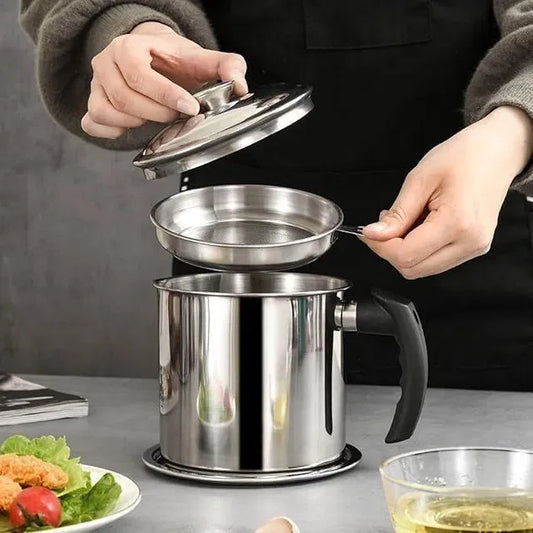 Stainless Steel Oil Pot with Filter & Lid | Kitchen Oil Storage & Reuse Container | Durable, Leak-Proof & Easy-to-Clean Cooking Oil Dispenser