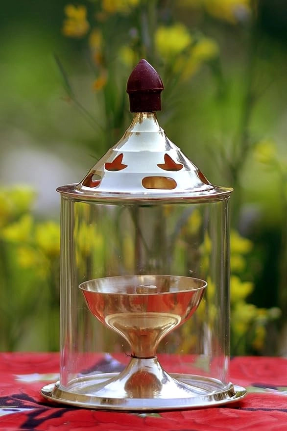 Brass & Glass Akhand Deep Diya with Cover | Traditional Oil Lamp for Puja, Festival & Home Decoration